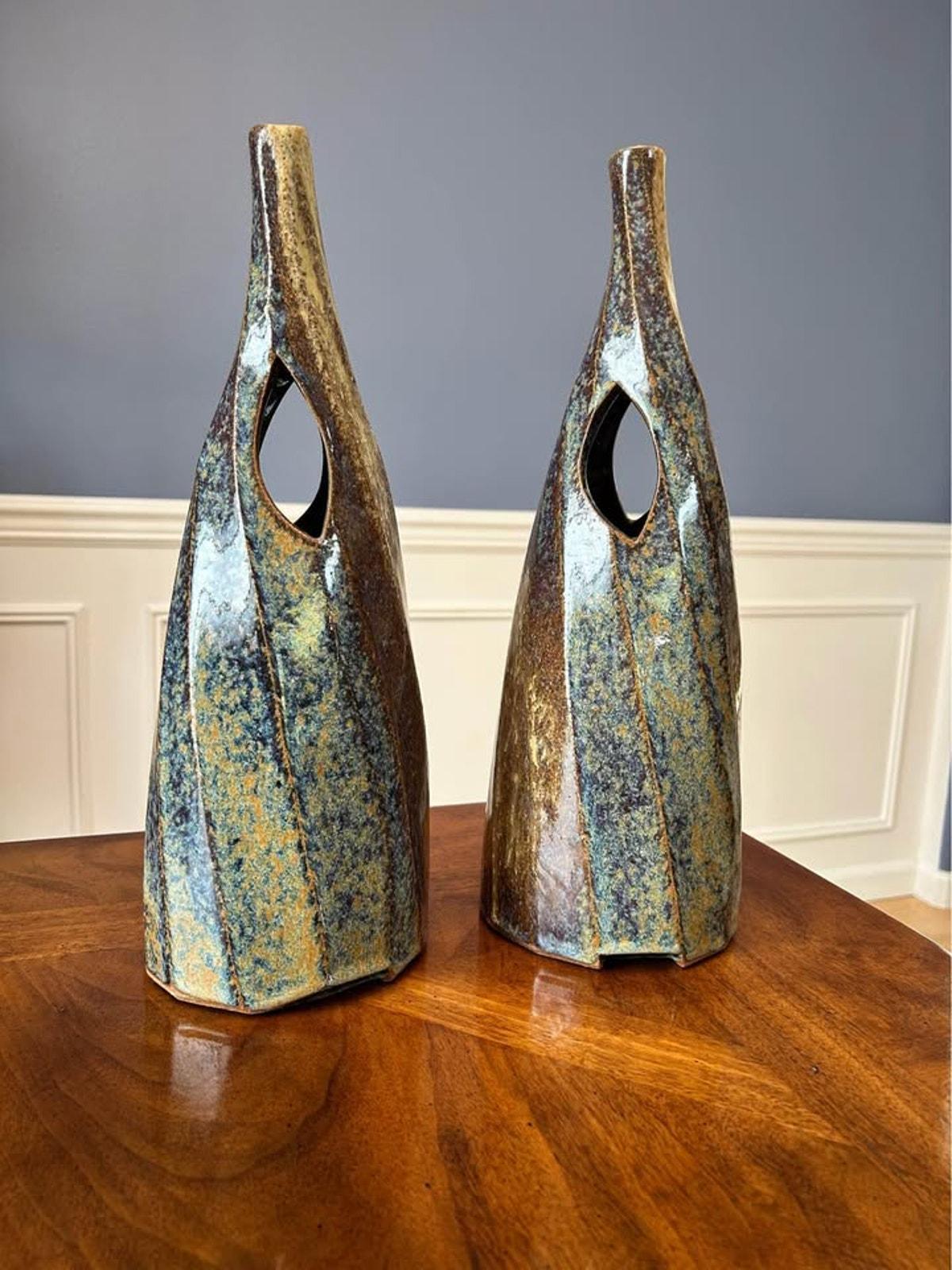 Vintage Studio Pottery Modernist Ikebana Vases Pair - Signed