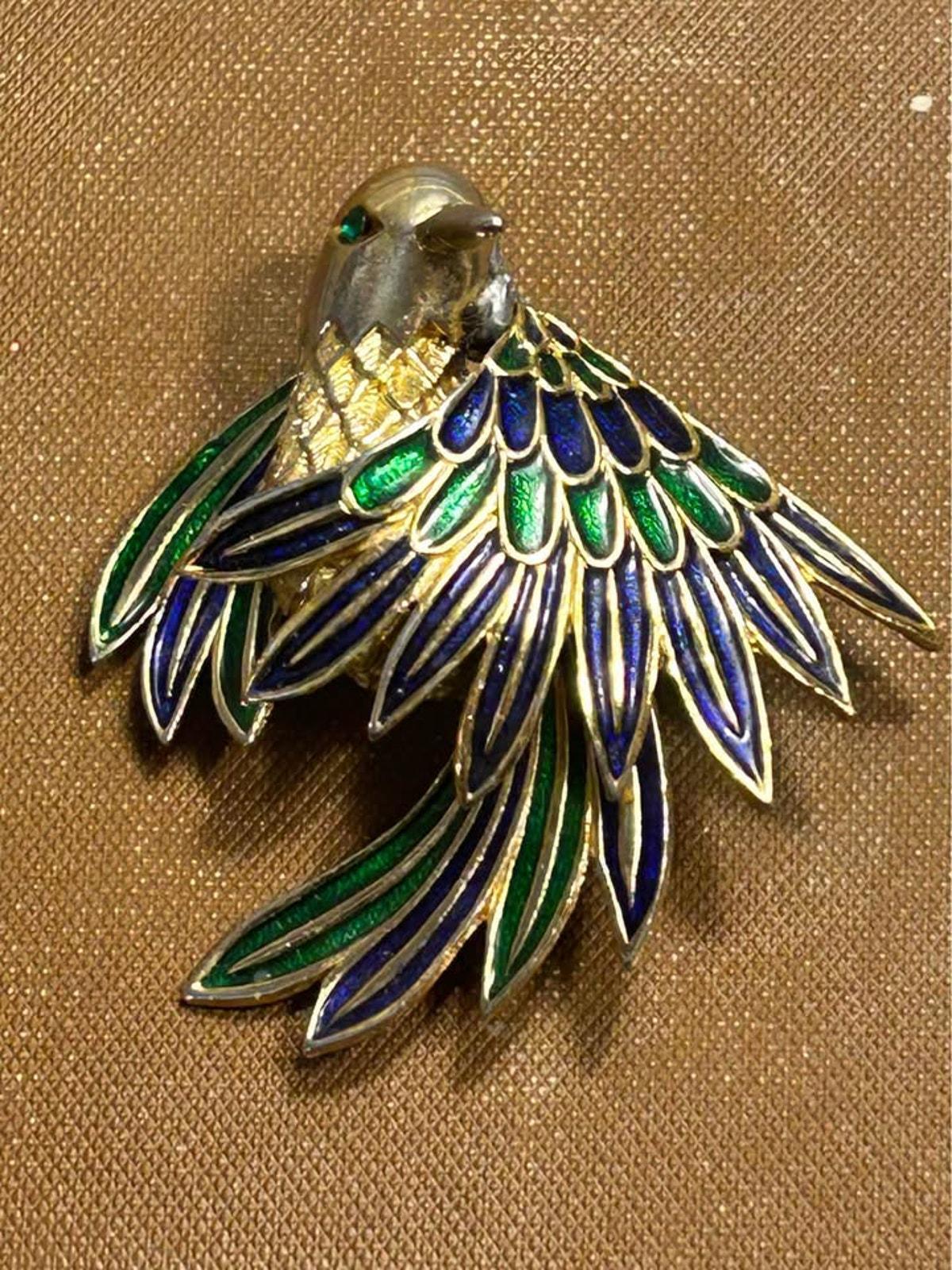 Vintage Sphinx London Bird Brooch, Gold Tone Blue & Green Enamel Pin, Numbered A2597