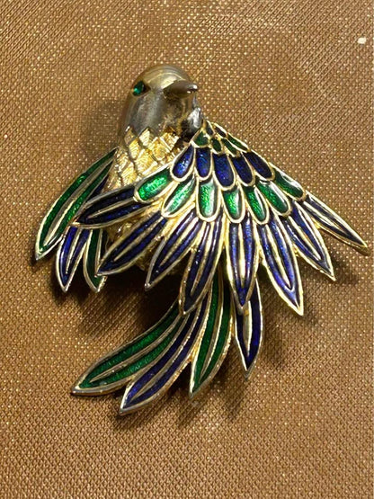 Vintage Sphinx London Bird Brooch, Gold Tone Blue & Green Enamel Pin, Numbered A2597