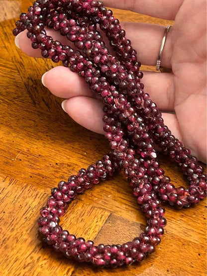 Vintage Woven Garnet Seed Bead Endless Rope Necklace