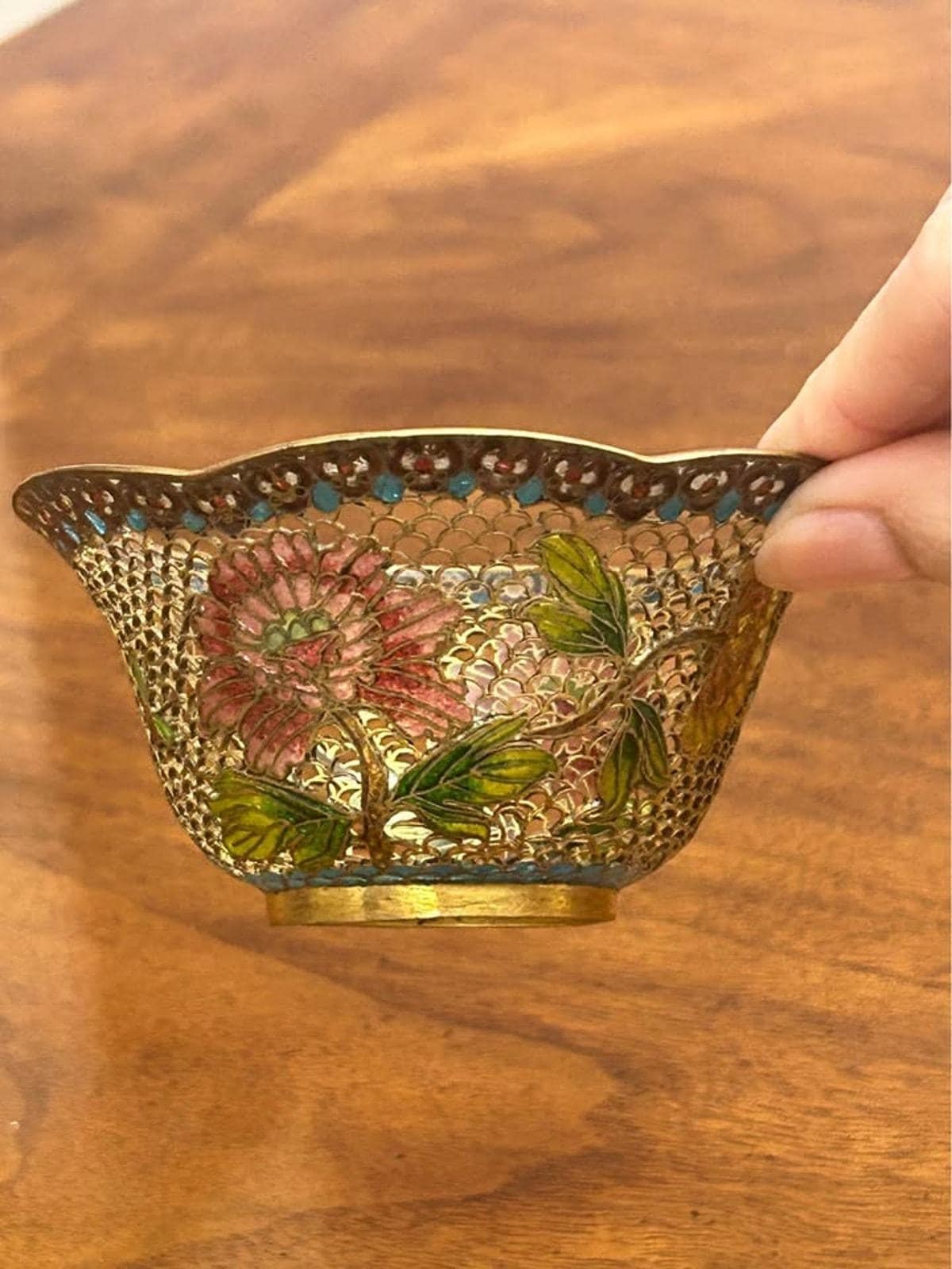 Vintage Plique-à-Jour Translucent Enamel Floral Bowl Scalloped Edge
