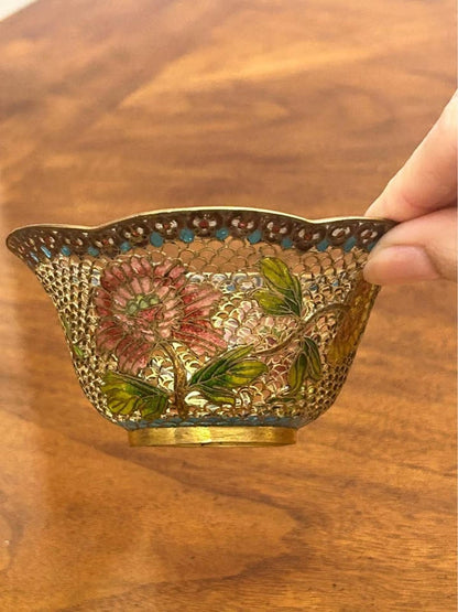 Vintage Plique-à-Jour Translucent Enamel Floral Bowl Scalloped Edge