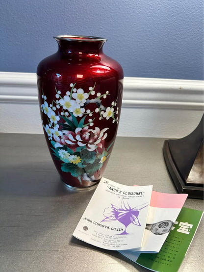 Ando Cloisonne Co. Red Akasuke Floral Vase | 9.5" Japanese Enamel