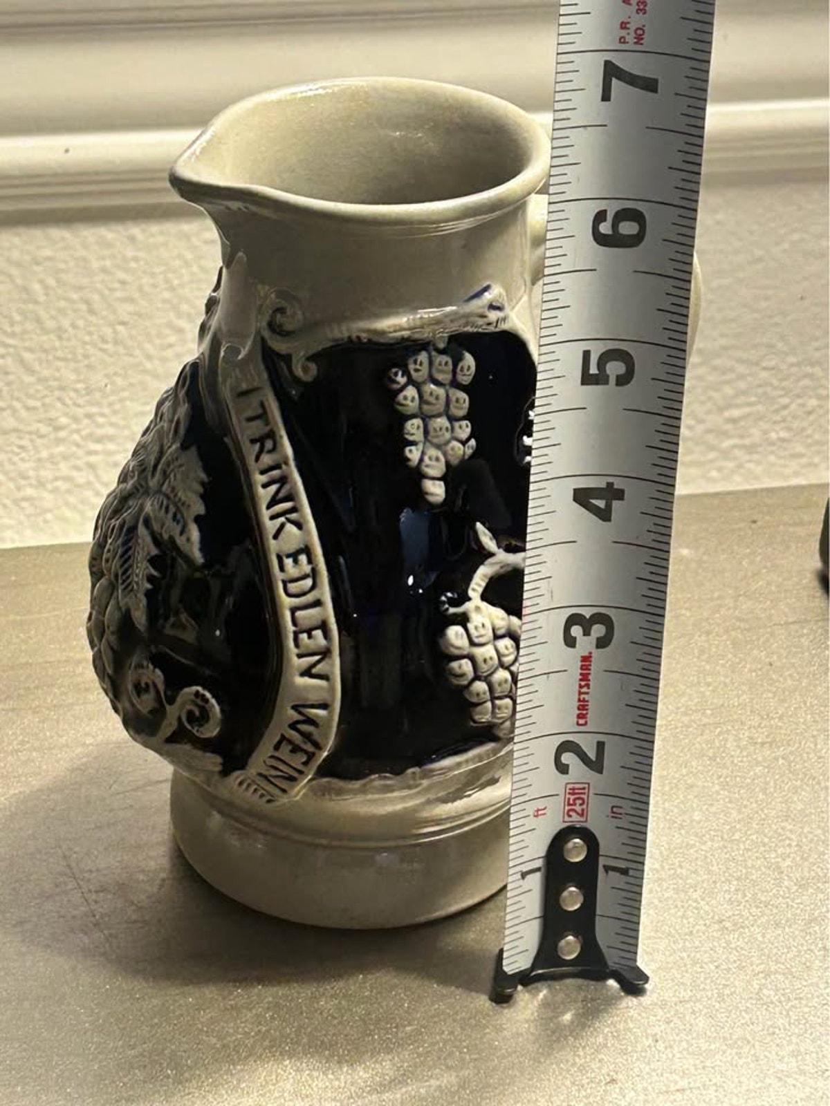 Vintage West German Cobalt Salt-Glazed Stoneware Wine Pitcher Pair