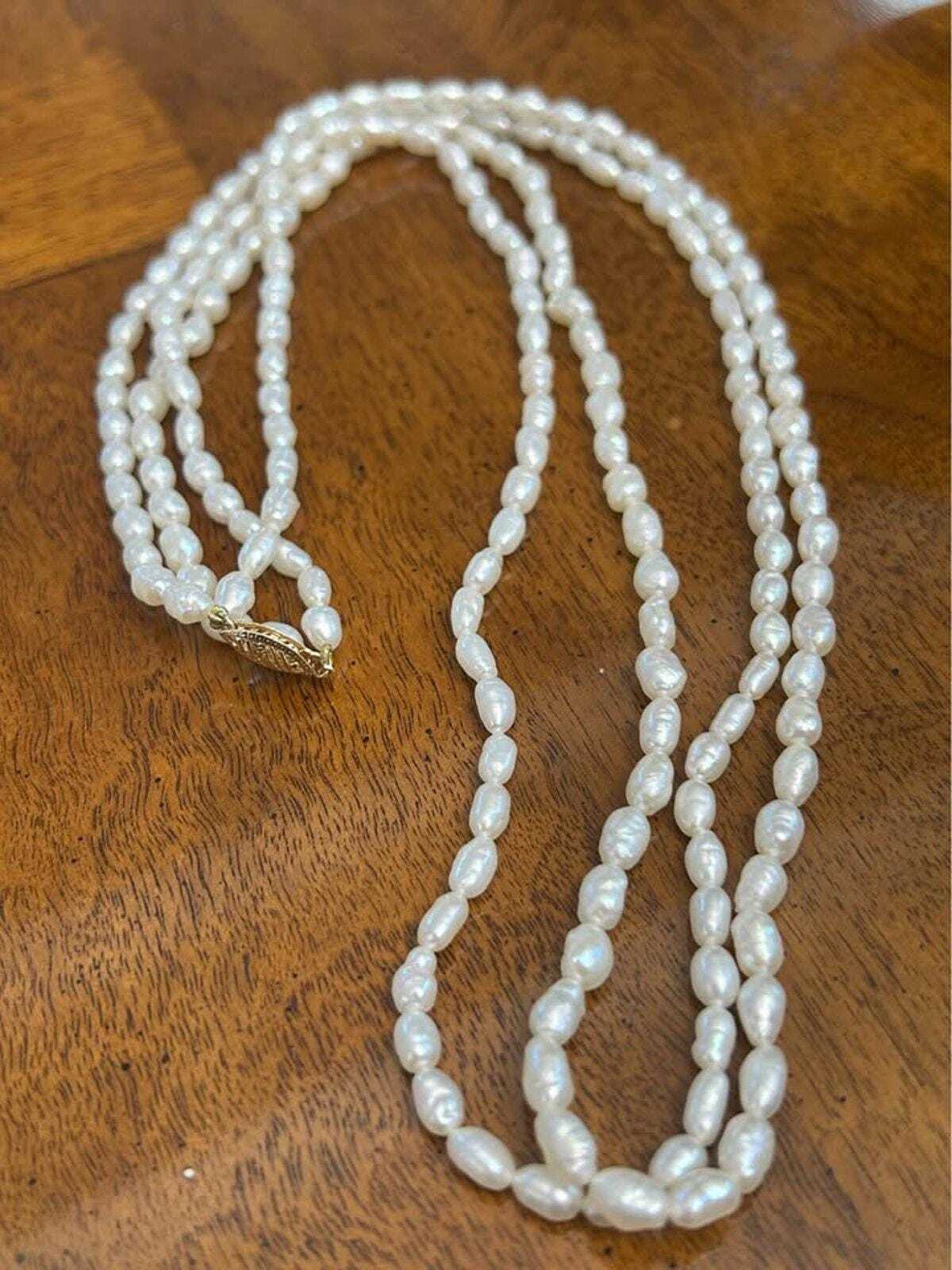 Vintage Double Strand Freshwater Rice Pearl Necklace 14K Gold Clasp