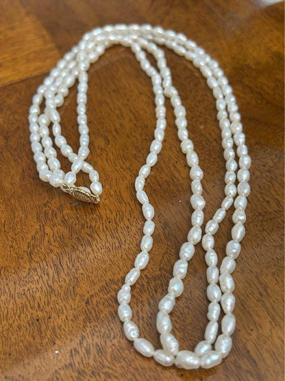 Vintage Double Strand Freshwater Rice Pearl Necklace 14K Gold Clasp