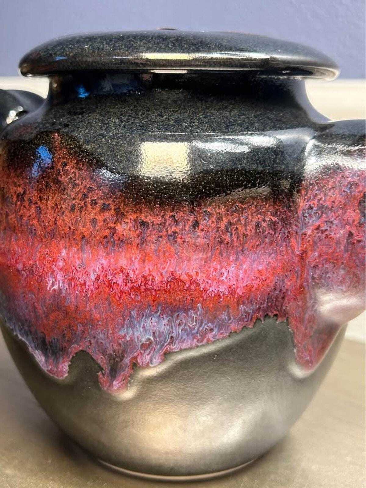 Larry Bruning Signed Porcelain Teapot | Leopard Black with Lilac & Cranberry Accents | Mid-90s Studio Work