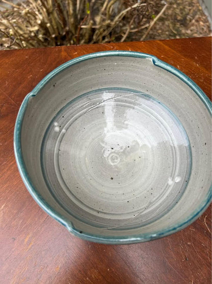 Vintage Signed Studio Pottery Serving Bowl | Hand-Painted Hakeme Brushwork | 8-Inch Notched Stoneware