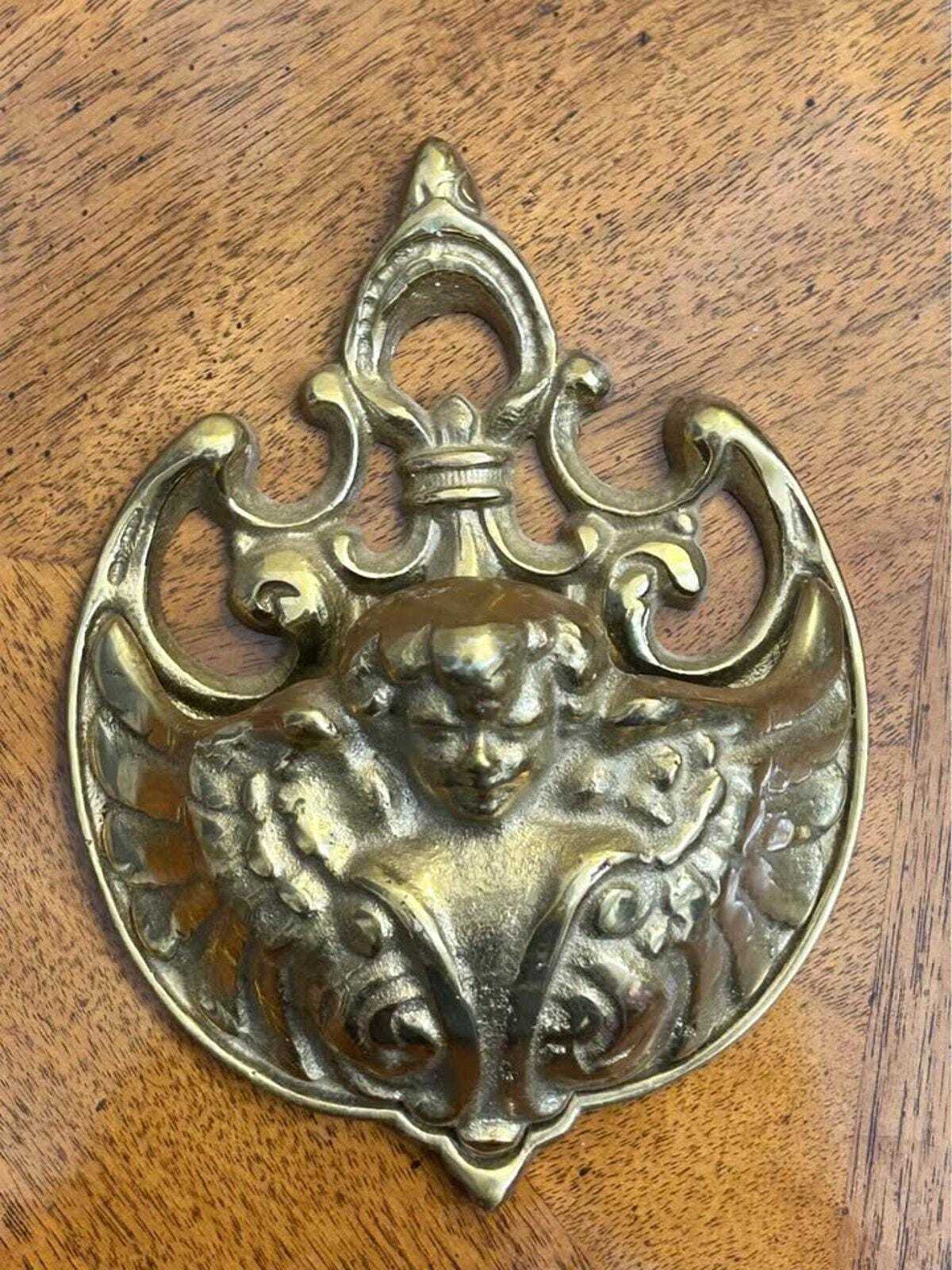 Vintage Cast Brass Cherub Match Holder Wall Pocket, Ornate Baroque Catchall