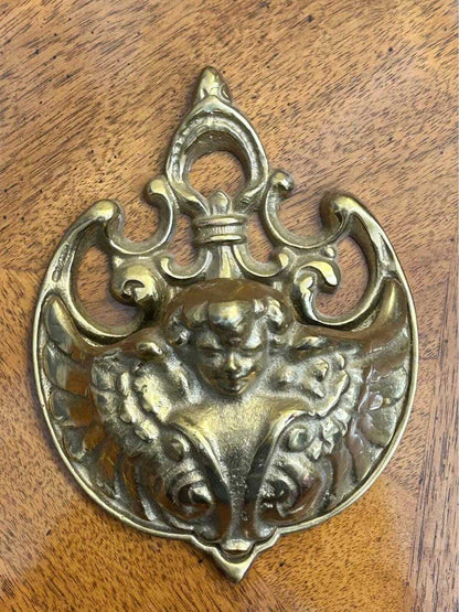 Vintage Cast Brass Cherub Match Holder Wall Pocket, Ornate Baroque Catchall