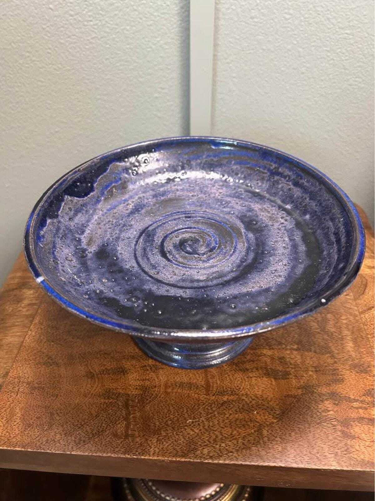Cindy Briffis Studio Pottery Pedestal Bowl, Cobalt Blue Glaze, Brutalist MCM Decor