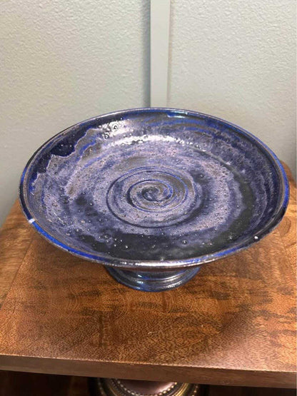Cindy Briffis Studio Pottery Pedestal Bowl, Cobalt Blue Glaze, Brutalist MCM Decor