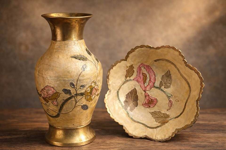 Vintage hand-painted brass vase and trinket dish
