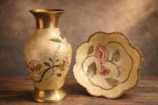 Vintage hand-painted brass vase and trinket dish