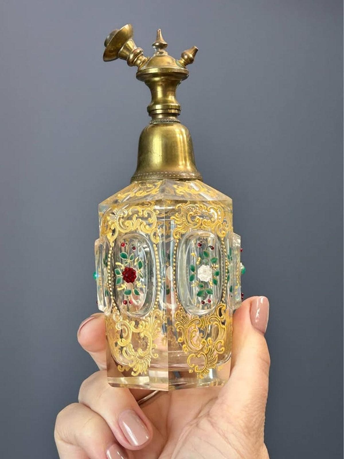 Antique Bohemian Gilded Crystal Perfume Atomizer Bottle