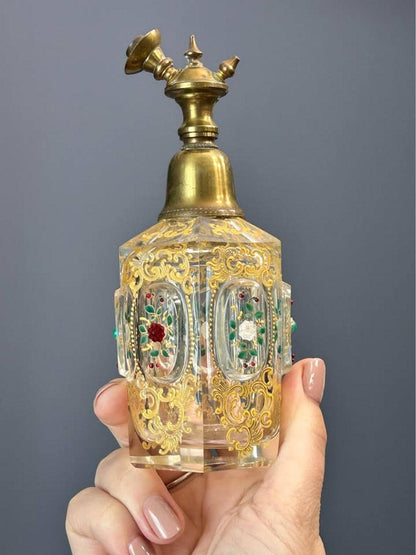 Antique Bohemian Gilded Crystal Perfume Atomizer Bottle