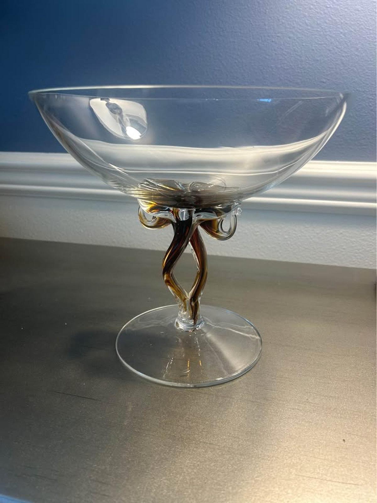 Mid-Century Modern Amber Controlled Twist Glass Compote - Large 11” Art Glass Centerpiece Bowl