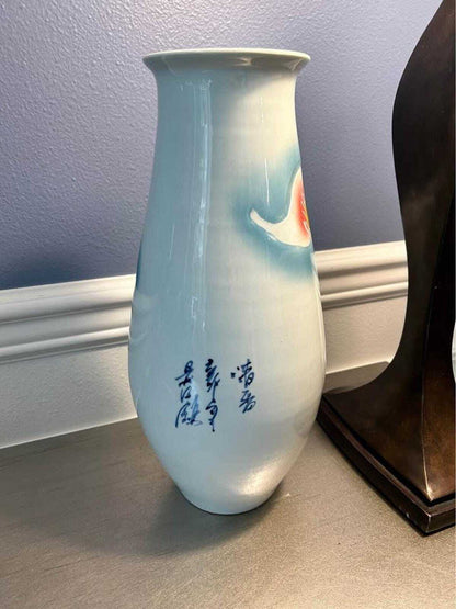 Large Hand-Painted Calla Lily Ceramic Vase with Chinese Calligraphy