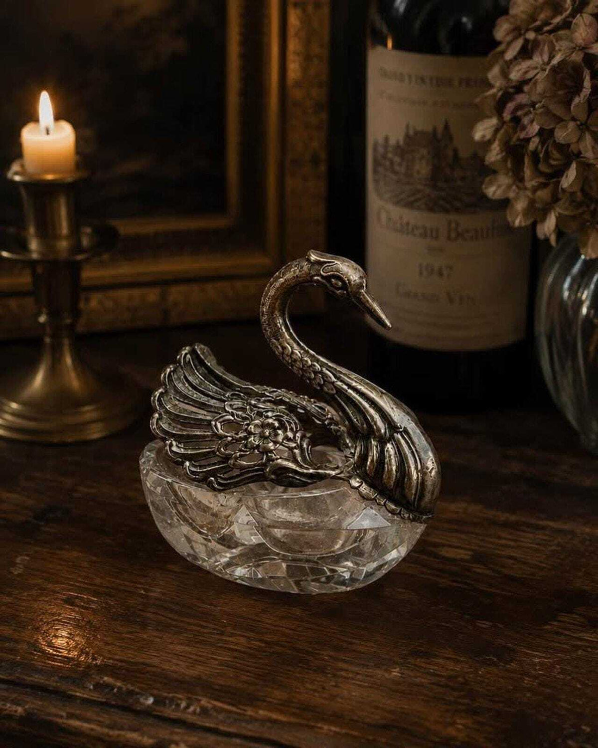 Vintage West German Sterling Silver and Cut Crystal Articulated Swan Salt Cellar