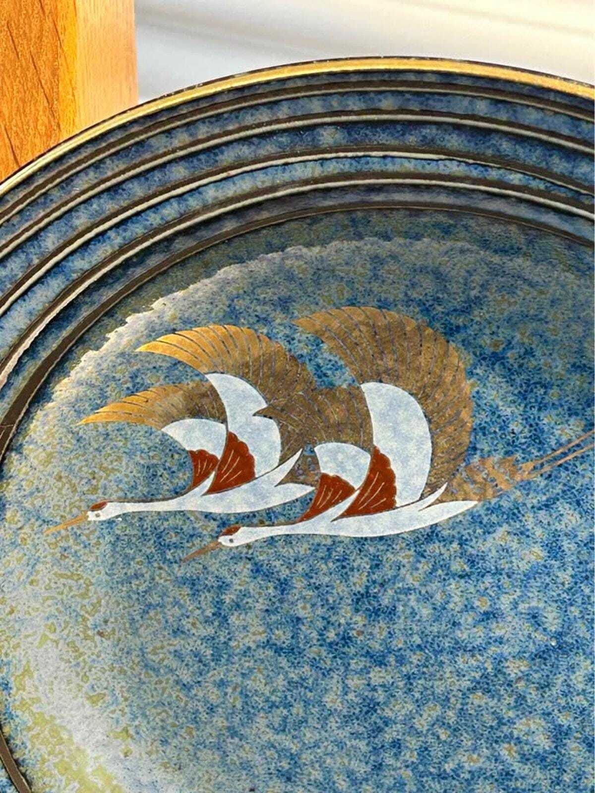 Vintage Japanese Blue Crane Plate – Gilded Flying Cranes, Gold Rim (8 Inch)