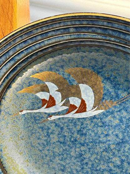 Vintage Japanese Blue Crane Plate – Gilded Flying Cranes, Gold Rim (8 Inch)