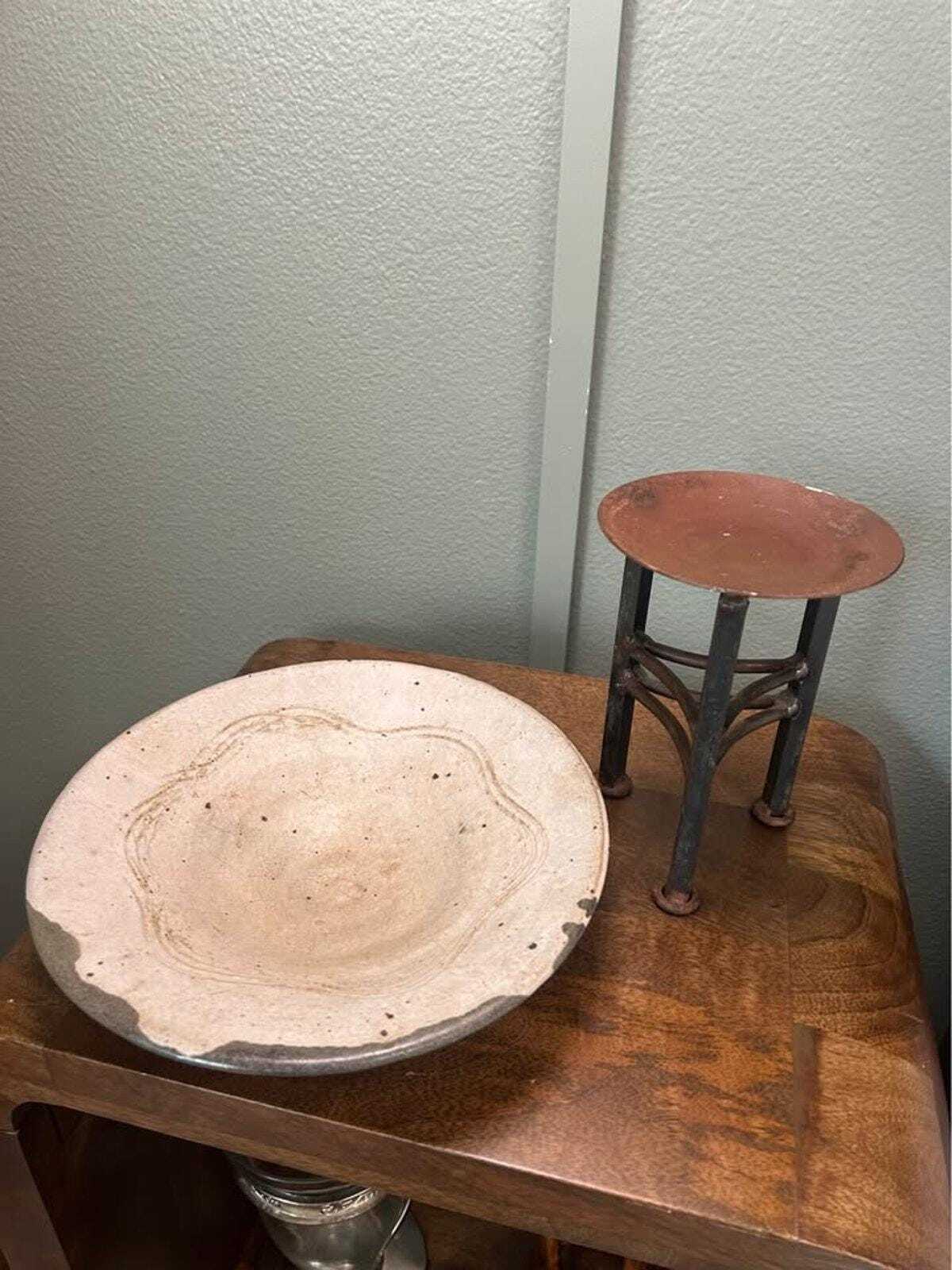 Signed Studio Pottery Bowl on Hand-Forged Iron Tripod Standard