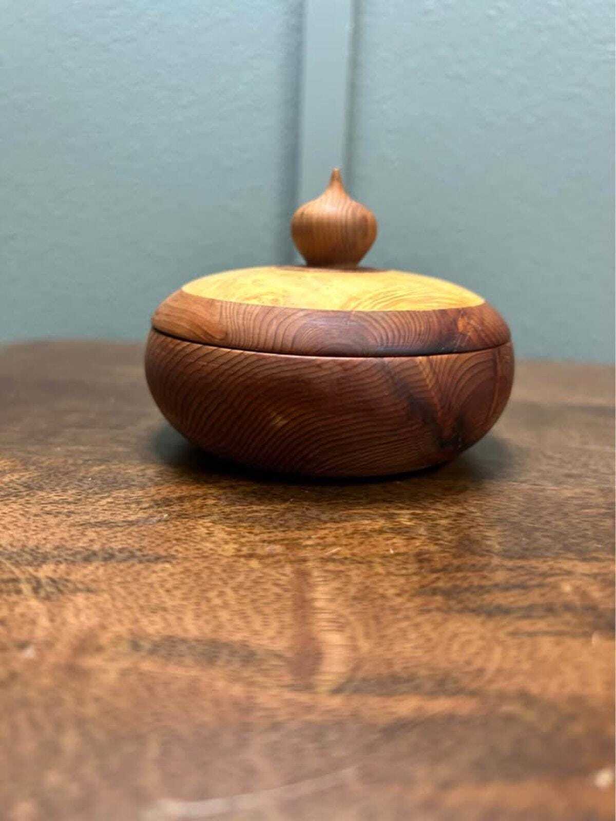 Studio-Signed "WK" Hand-Turned Burl and Cedar Lidded Vessel