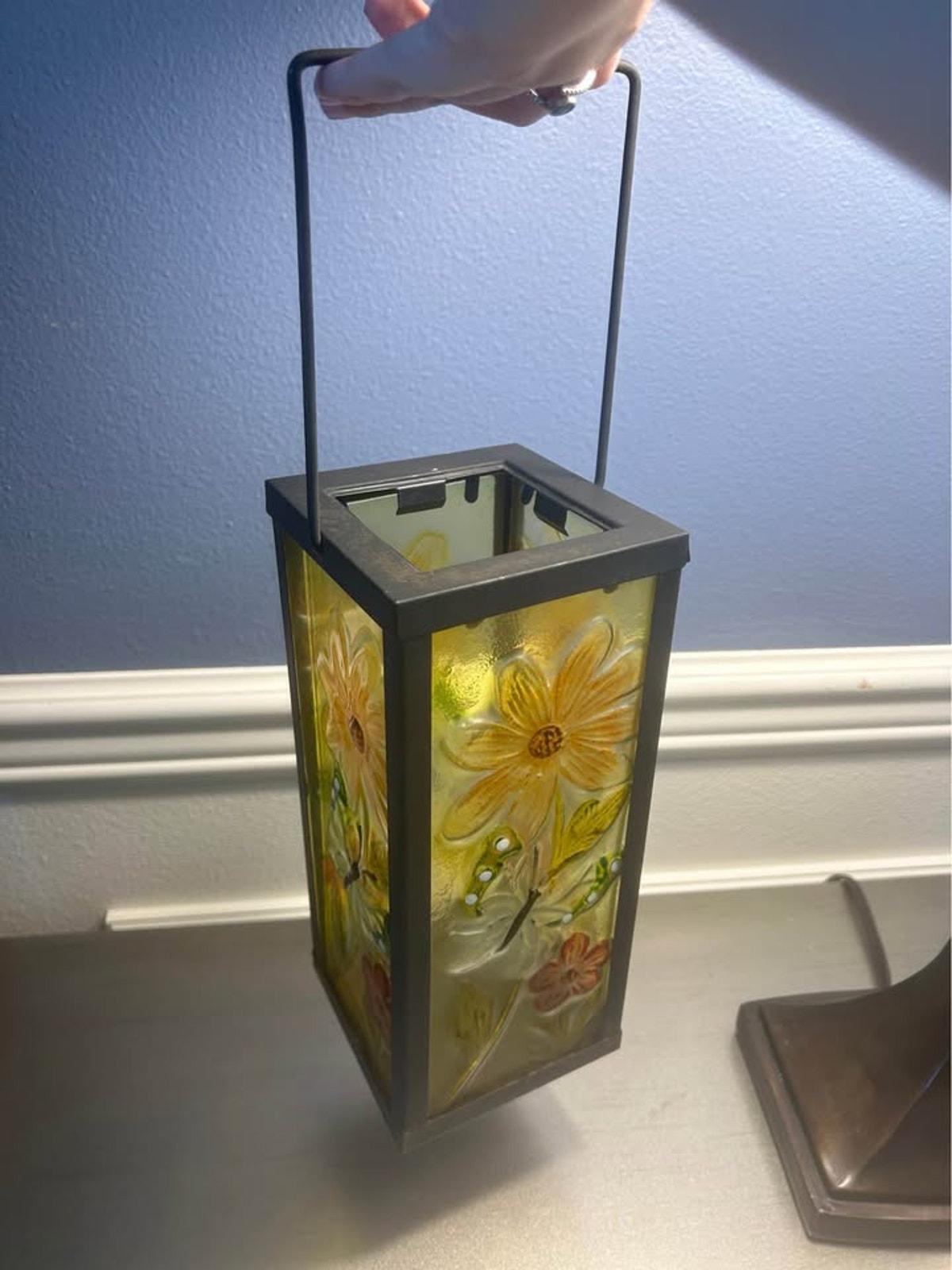 Hand-Painted Floral Textured Glass Lantern with Metal Frame