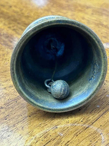 Vintage Cast Brass Tavern Scene Hand Bell with Wreath Handle
