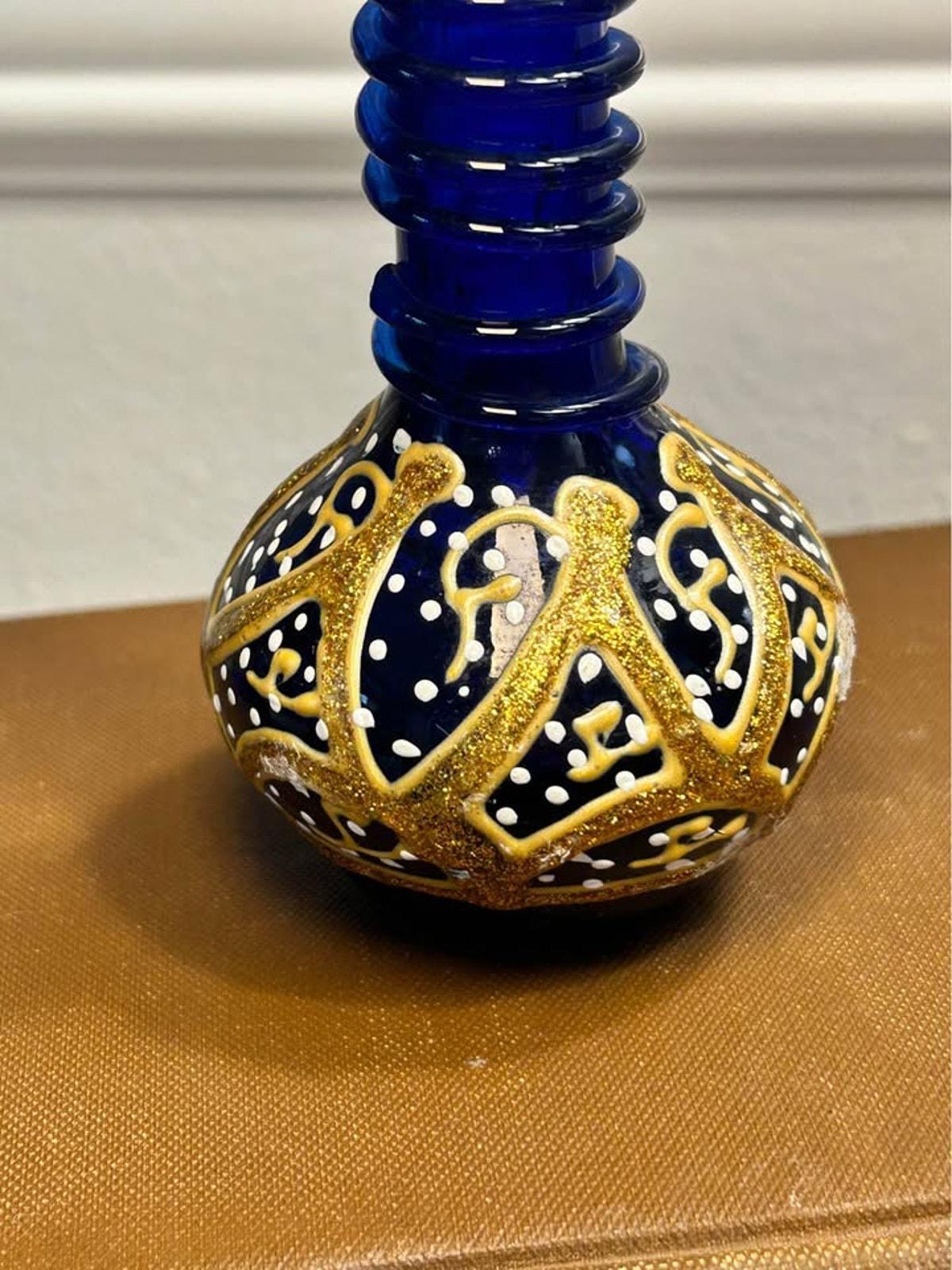 Vintage 1970s Bohemian Style Cobalt Blue & Gold Glass Miniature Vase