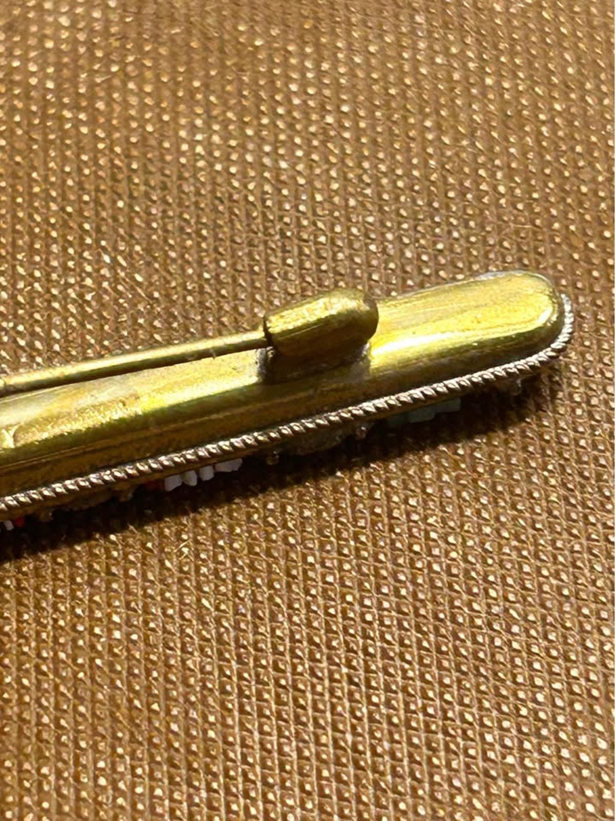 Vintage Italian Micro Mosaic Floral Bar Pin Brass Grand Tour Style Brooch
