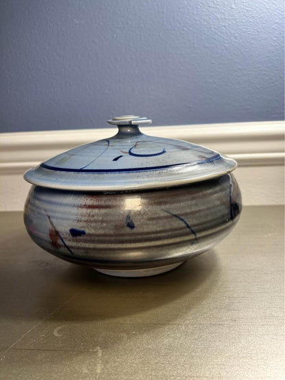Signed Studio Pottery Covered Bowl | Blue Crackle Glaze & Spiral Knob
