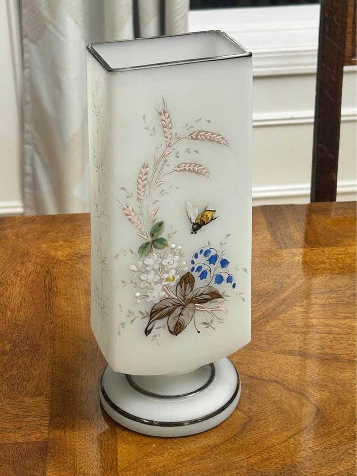 Antique Bohemian Frosted Art Glass Vase Enamel Floral and Bee Motif