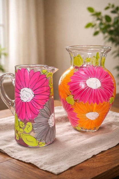 Vibrant Hand-Painted Daisy Large Pitcher & Vase Set – Leslie Painted Glass