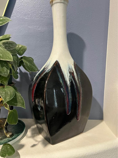 Extra Tall Mid-Century Drip Glaze Vessel – Obsidian Cream Studio Art Pottery 1970s Home Decor