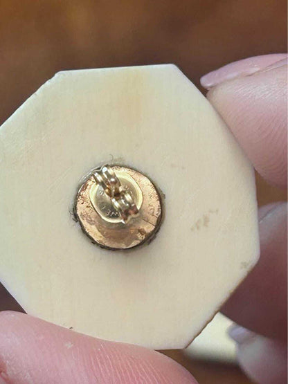 Vintage WELLS 14K Gold Carved Bone Large Floral Hexagon Stud Earrings