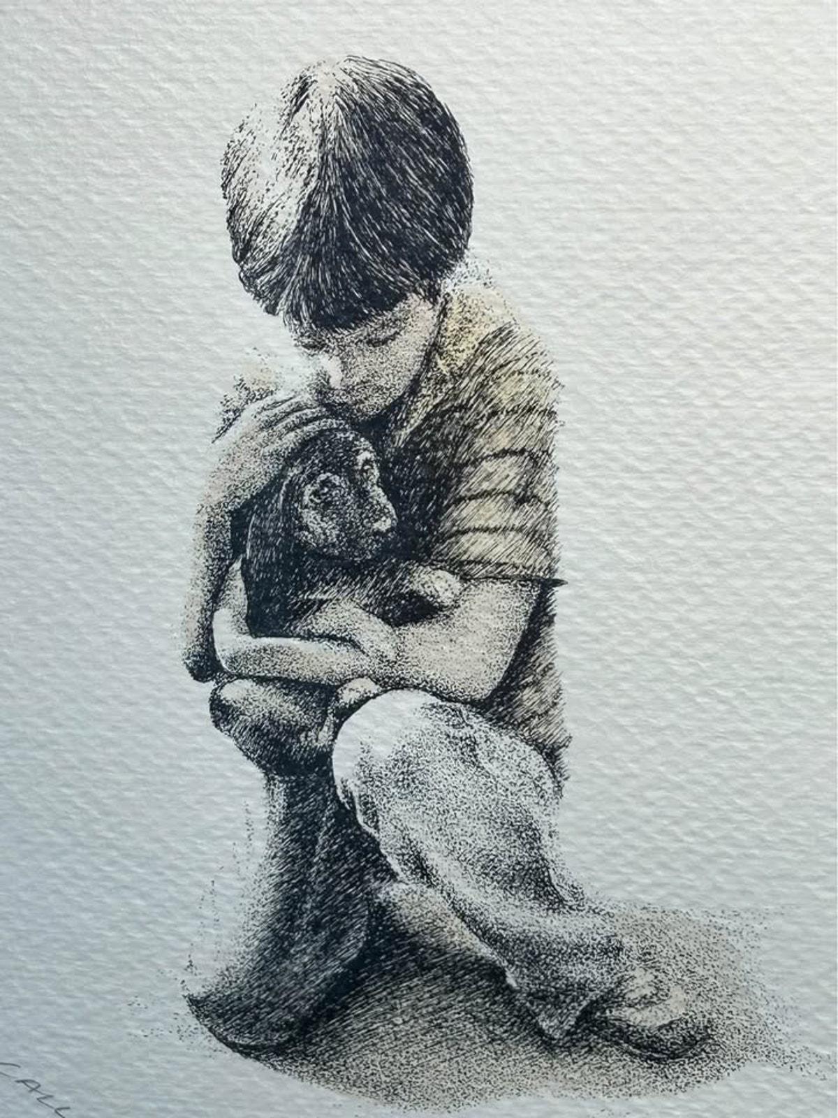 Marv Stahl Signed Limited Edition Print "I'll Call Him Max" Framed Stippling Art