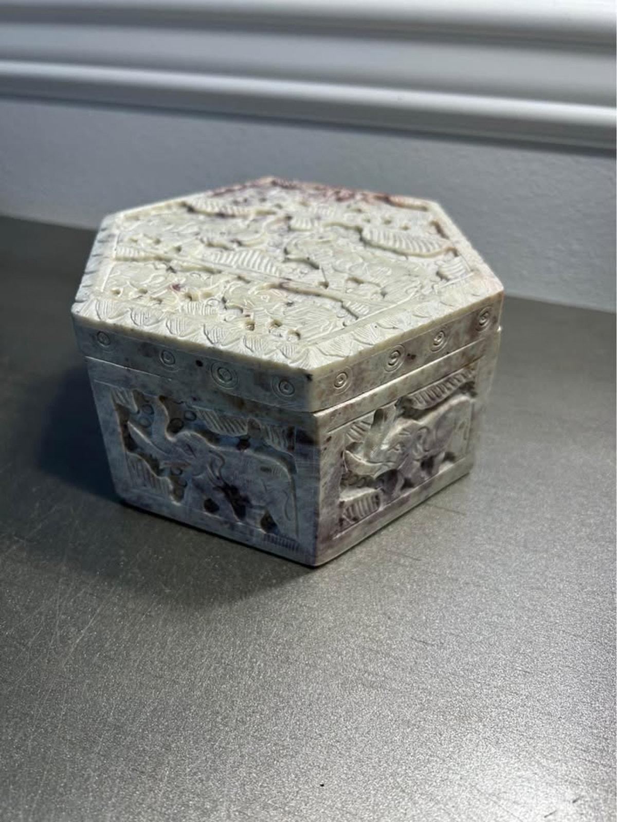Hand-Carved Soapstone Hexagonal Box with Elephant Relief