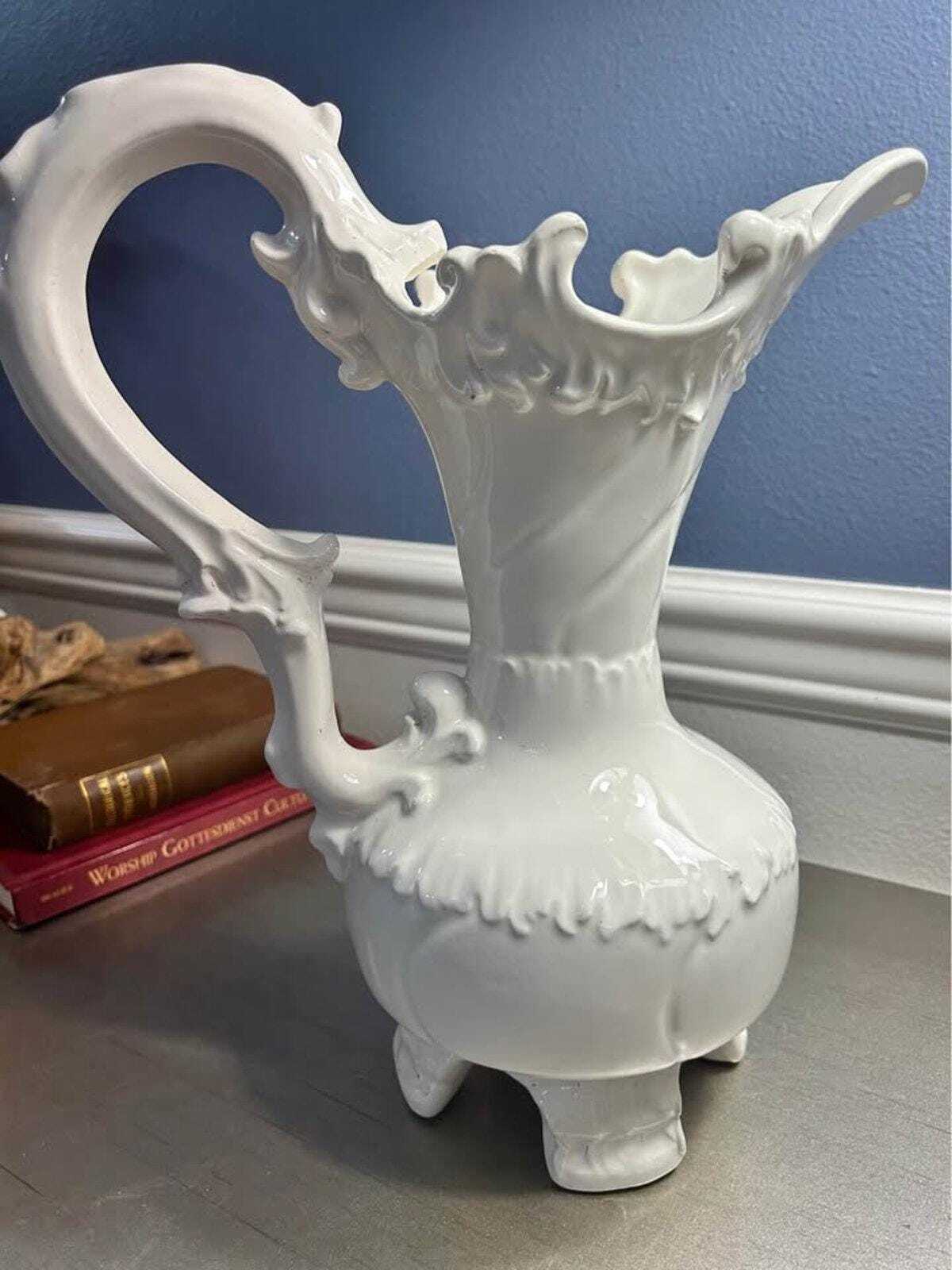 Artigiani Italiani Vintage White Ceramic Pitcher | Rococo Style Ewer