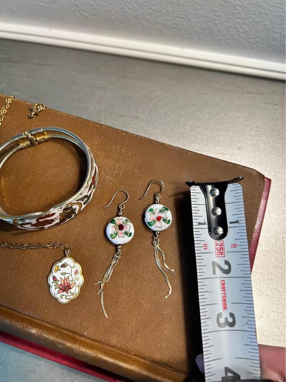Vintage Chinese Cloisonné Jewelry Set | White Floral Butterfly Bangle, Pendant & Earrings