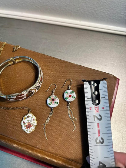 Vintage Chinese Cloisonné Jewelry Set | White Floral Butterfly Bangle, Pendant & Earrings
