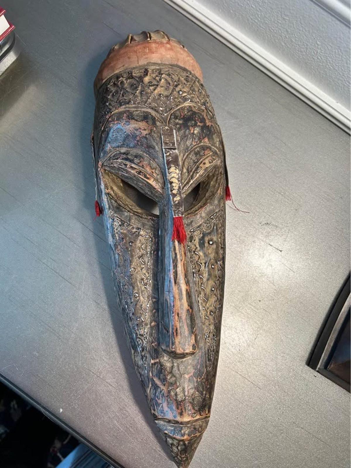 Mid-Century Bobo Sun Mask Burkina Faso - Hand-Carved Ceremonial Wood & Metal Inlay