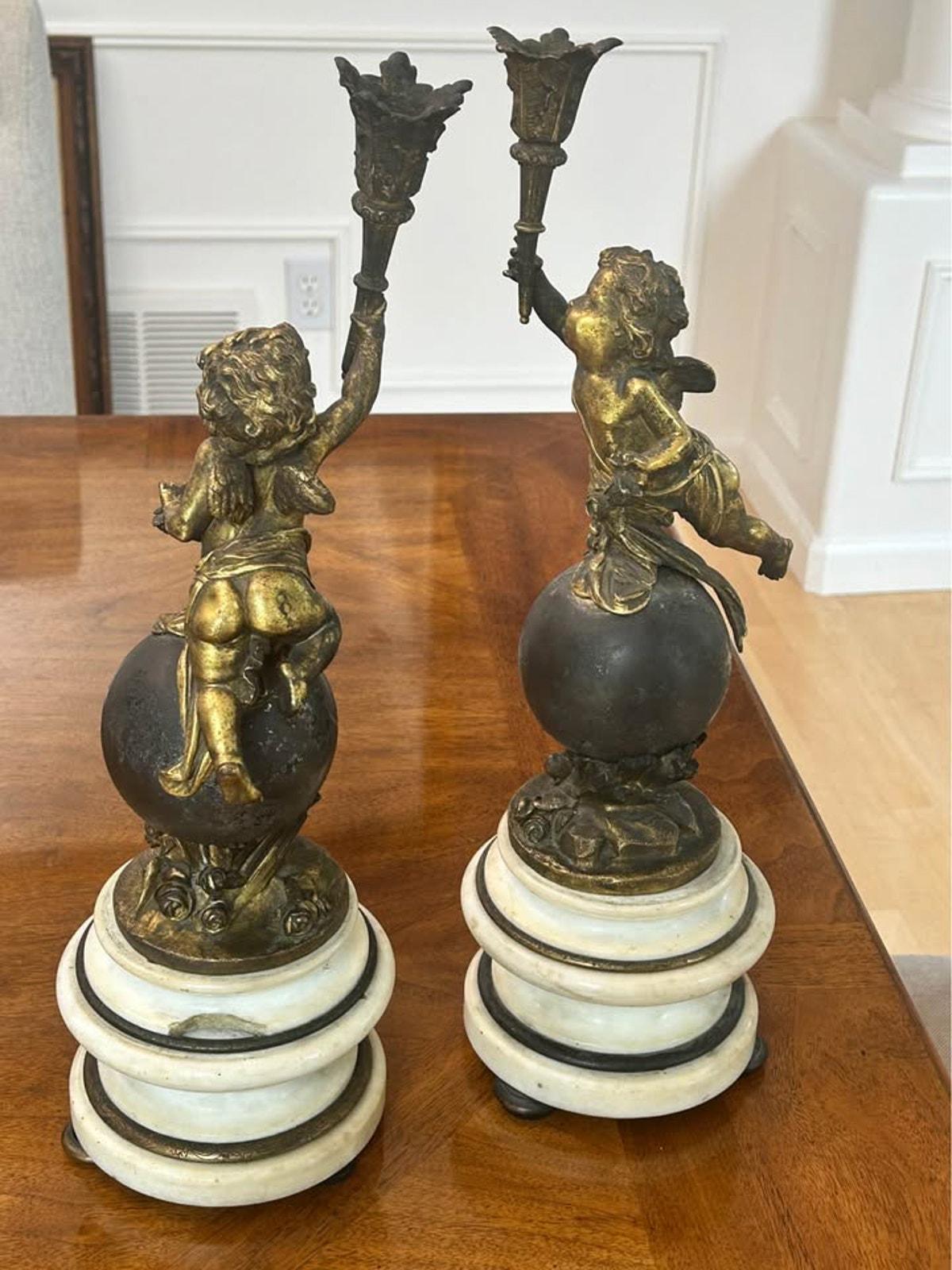 Antique French Style Gilt Spelter Putti Candlesticks on Marble Bases