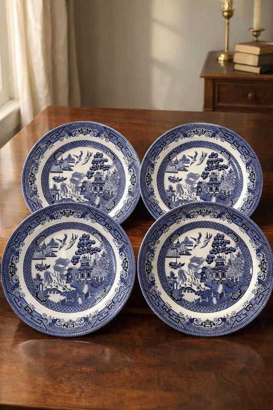 Vintage Queen's Blue Willow Dinner Plates – Chinoiserie Set of 4