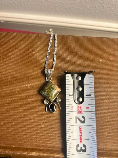 Vintage Sterling Silver Artisan Unakite & Onyx Pendant with 925 Italy Pagoda Chain