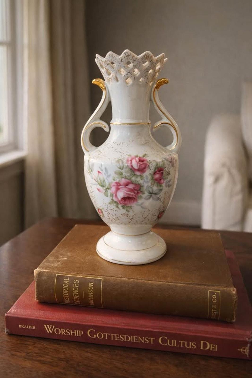 Vintage Norcrest Dresden Rose Vase - Pierced Rim & Gold Accents