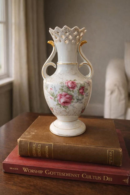 Vintage Norcrest Dresden Rose Vase - Pierced Rim & Gold Accents