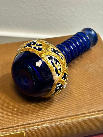 Vintage 1970s Bohemian Style Cobalt Blue & Gold Glass Miniature Vase