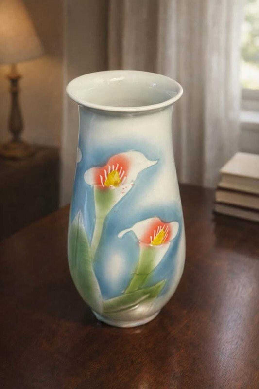 Large Hand-Painted Calla Lily Ceramic Vase with Chinese Calligraphy