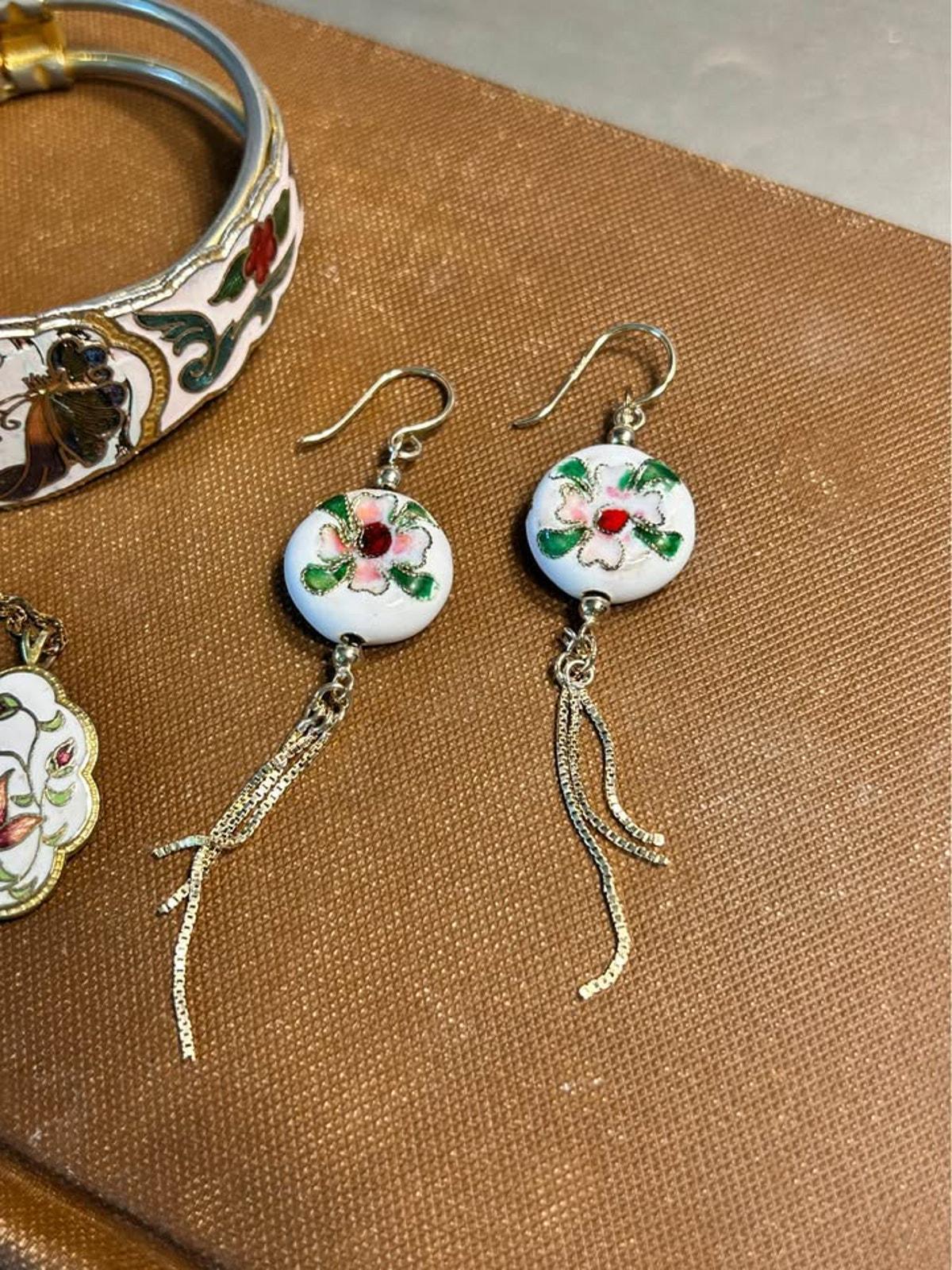 Vintage Chinese Cloisonné Jewelry Set | White Floral Butterfly Bangle, Pendant & Earrings